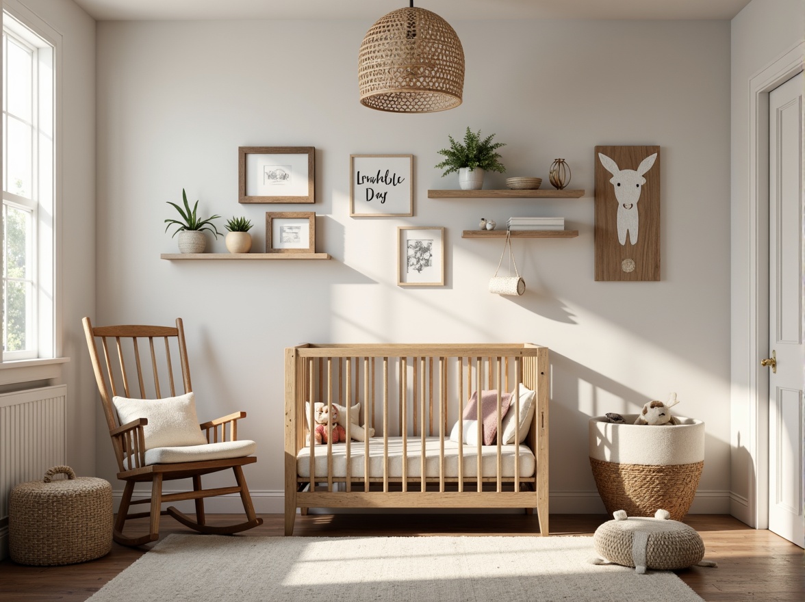 Prompt: Rustic baby nursery, reclaimed wood crib, vintage metal frames, plush toys, woven baskets, soft pastel colors, natural textiles, distressed finishes, farmhouse-inspired decor, wooden rocking chair, cozy reading nook, warm lighting, creamy whites, earthy tones, 3/4 composition, shallow depth of field, realistic textures, ambient occlusion.