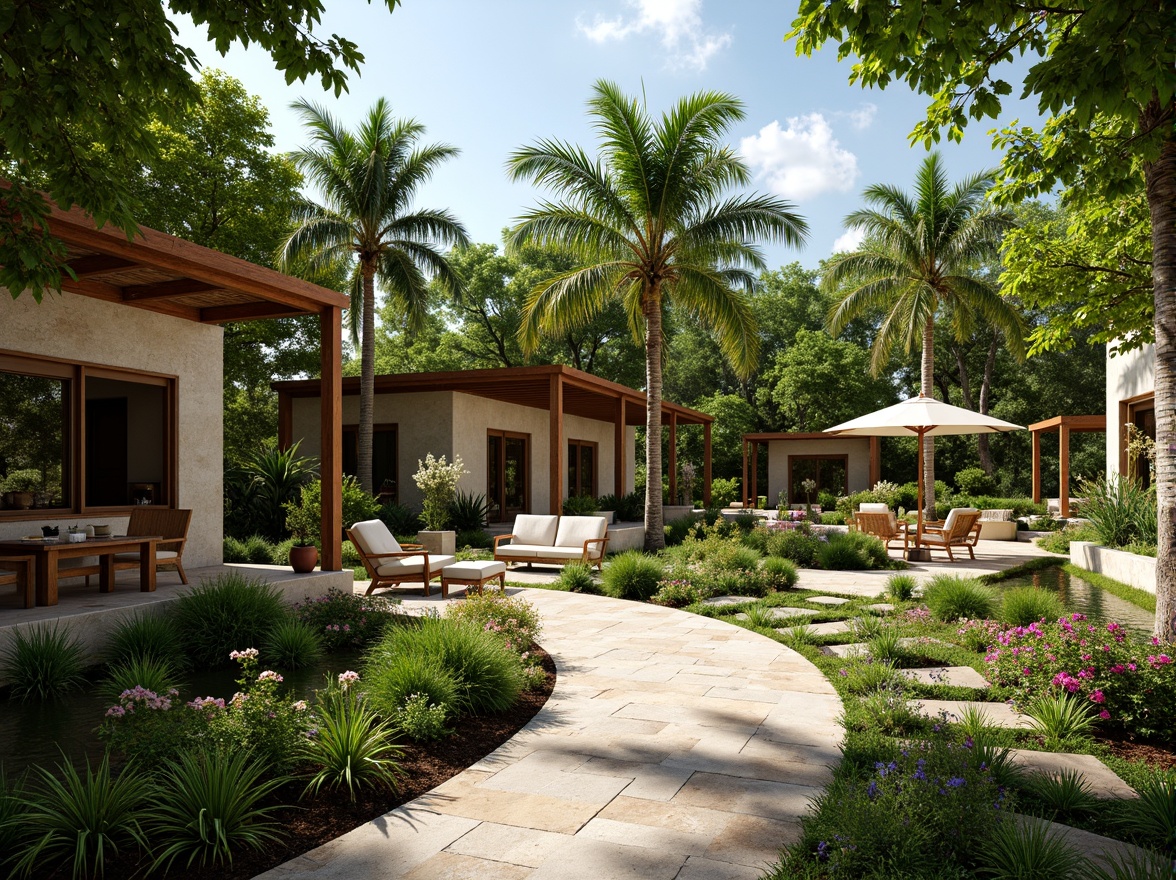 Prompt: Vibrant tropical garden, lush green foliage, exotic flowers, natural stone walls, wooden accents, woven rattan furniture, bamboo decorations, palm trees, sunny day, warm soft lighting, shallow depth of field, 3/4 composition, panoramic view, realistic textures, ambient occlusion, open-air pavilion, water features, koi pond, natural materials, earthy tones, organic shapes, curved lines, free-flowing design, resort-inspired atmosphere.