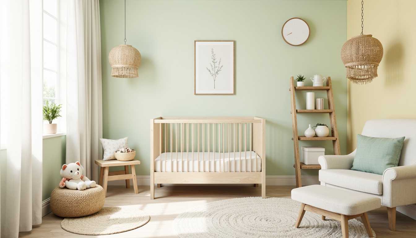 Prompt: Soft pastel hues, gentle nursery atmosphere, calming whites, creamy yellows, pale blues, minty freshness, warm beige accents, delicate florals, subtle texture contrasts, plush area rugs, natural wood tones, minimalist furniture, softbox lighting, 1/2 composition, intimate focus, dreamy ambiance.