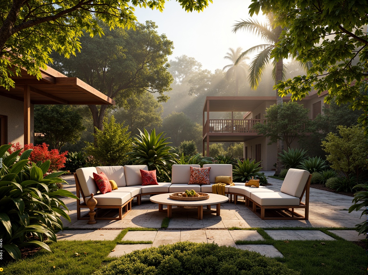 Prompt: Vibrant tropical foliage, lush greenery, exotic flowers, natural stone seating, wooden accents, rattan furniture, colorful textiles, intricate woven patterns, organic shapes, earthy tones, warm golden lighting, dramatic shadows, 3/4 composition, panoramic view, realistic textures, ambient occlusion, tropical hardwoods, bamboo structures, palm tree silhouettes, misty atmosphere, soft focus, shallow depth of field.