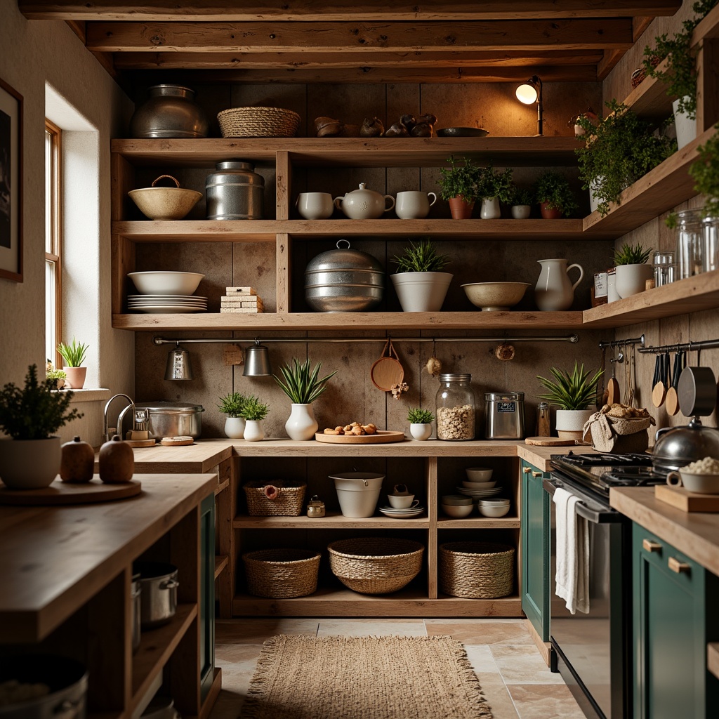 Prompt: Warm inviting pantry, rustic wooden shelves, vintage metal bins, distressed finishes, earthy color palette, soft warm lighting, cozy nooks, aromatic scents, decorative ceramics, woven baskets, natural textiles, farmhouse-inspired decor, classic cooking utensils, traditional kitchenware, intimate atmosphere, shallow depth of field, 1/1 composition, realistic textures, ambient occlusion.