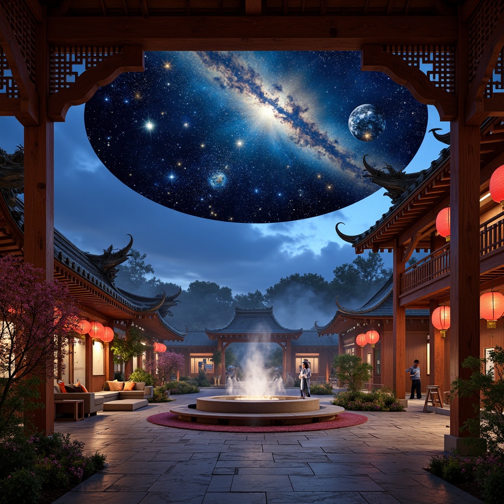 Prompt: Vibrant celestial bodies, deep indigo night sky, golden constellations, iridescent nebulae, soft misty atmosphere, traditional Asian-inspired architecture, intricate wooden carvings, red lanterns, majestic dragon decorations, serene natural stone floors, subtle cherry blossom patterns, warm ambient lighting, shallow depth of field, 1/1 composition, realistic textures, ambient occlusion, stylized astronomical elements, futuristic planetarium technology.