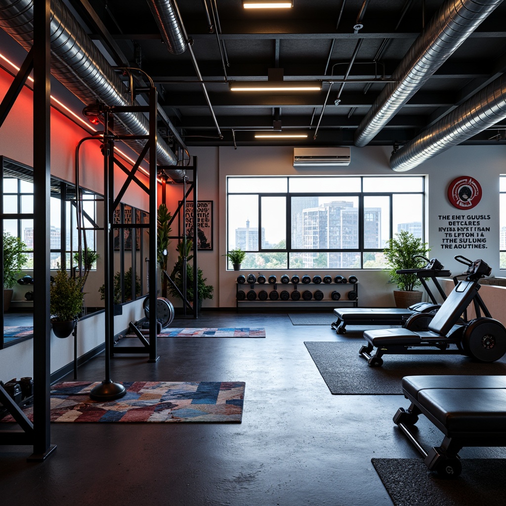 Prompt: Modern home gym, industrial-style equipment, sleek metal frames, rubber flooring, mirrored walls, motivational quotes, natural light, large windows, urban loft atmosphere, functional layout, free weights, exercise machines, yoga mats, sound system, energetic color scheme, neon lights, high ceilings, open space, minimalist decor, athletic-inspired textiles, geometric patterns, shallow depth of field, 1/1 composition, realistic textures, ambient occlusion.