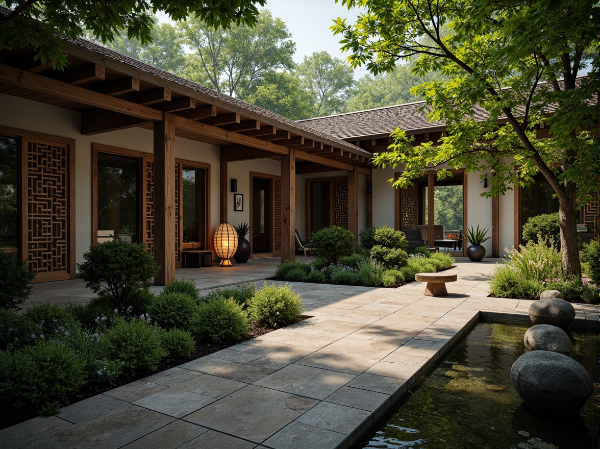 Prompt: Traditional Asian courtyard, serene natural ambiance, lush greenery, intricately carved wooden doors, ornate lanterns, rustic stone pathways, tranquil water features, gentle fountain sounds, soft warm lighting, shallow depth of field, 3/4 composition, symmetrical balance, harmonious proportions, elegant minimalism, natural materials, earthy tones, subtle textures, ambient occlusion.