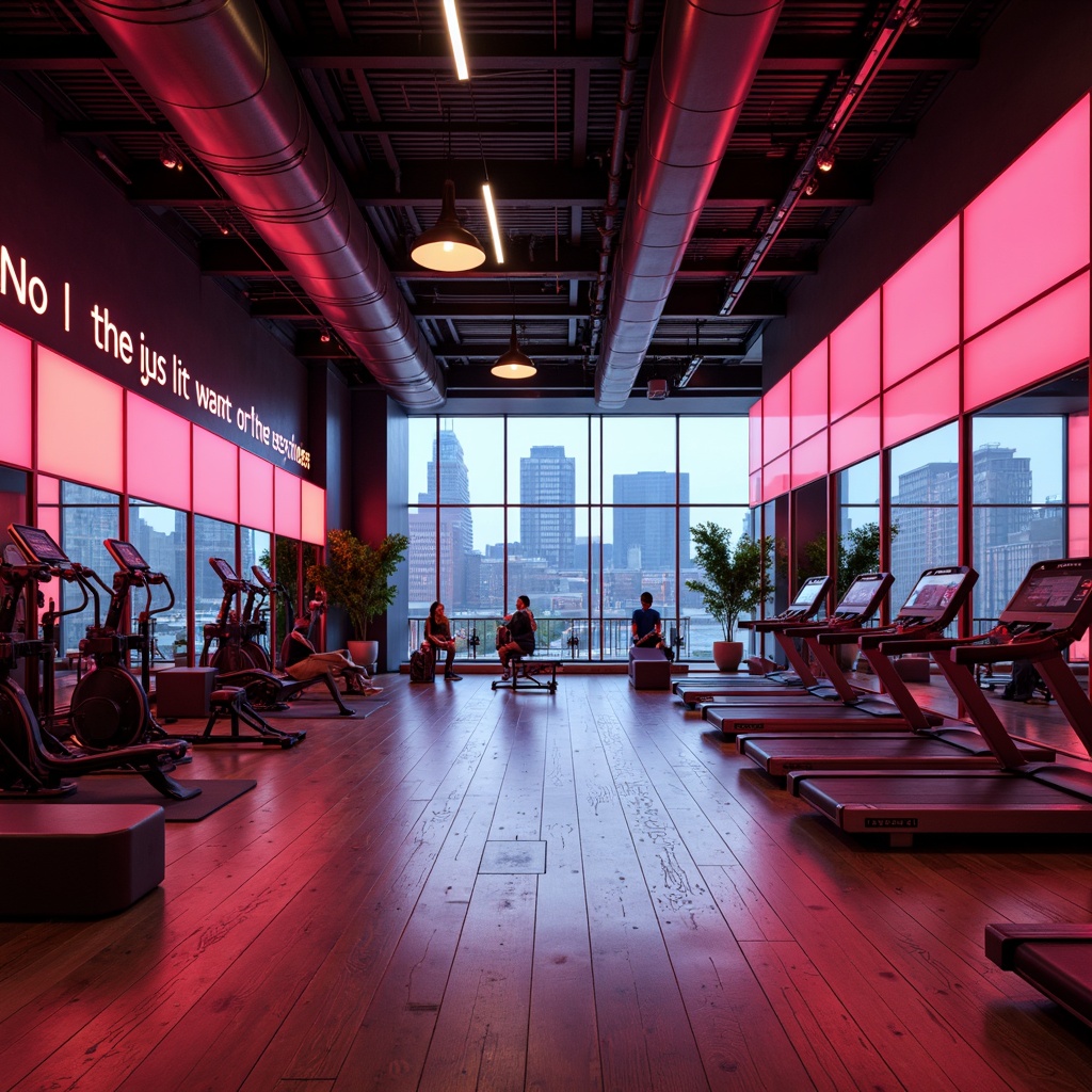 Prompt: Energizing fitness studio, bold color scheme, neon lights, motivational quotes, state-of-the-art equipment, mirrored walls, polished wooden floors, modern minimalist design, high ceilings, natural light pouring in, urban cityscape views, dynamic angles, 1/2 composition, shallow depth of field, soft warm lighting, realistic textures, ambient occlusion.