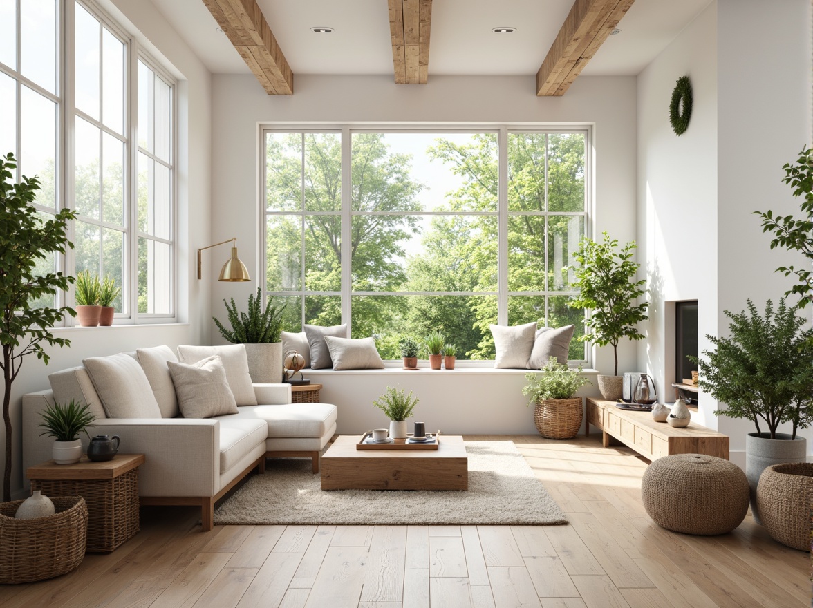 Prompt: Bright Nordic living room, large windows, minimal decor, light wood floors, white walls, cozy reading nook, comfortable sectional sofa, natural textiles, woven baskets, pendant lamp, rustic wooden coffee table, lush green plants, airy atmosphere, soft diffused lighting, 1/1 composition, warm color palette, realistic wood grains, ambient occlusion.