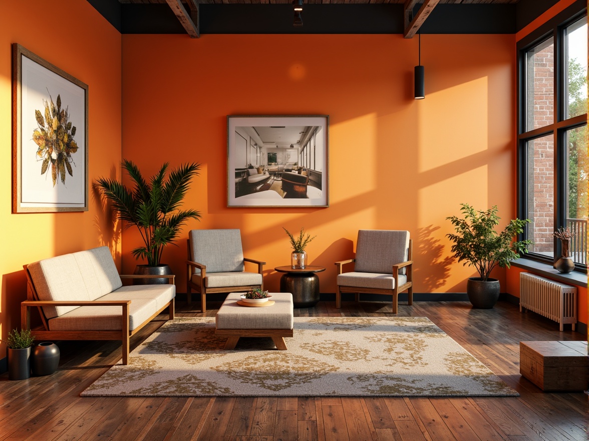 Prompt: Vibrant tangerine accent walls, modern minimalist interior, sleek wooden furniture, bold color blocking, geometric patterns, natural textiles, urban loft setting, industrial chic decor, metal accents, reclaimed wood floors, eclectic art pieces, floor-to-ceiling windows, abundant natural light, soft warm glow, shallow depth of field, 1/2 composition, realistic textures, ambient occlusion.