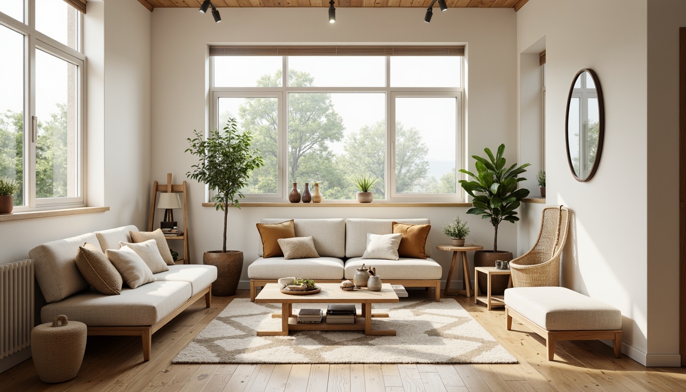 Prompt: Cozy Scandinavian living room, light-filled space, wooden floorboards, cream-colored walls, large windows, natural textiles, minimalist furniture, sleek lines, low-profile sofas, geometric-patterned rugs, industrial-chic lighting fixtures, pendant lamps, nature-inspired color palette, earthy tones, warm beige accents, soft diffused lighting, shallow depth of field, 1/1 composition, realistic wood textures, ambient occlusion.