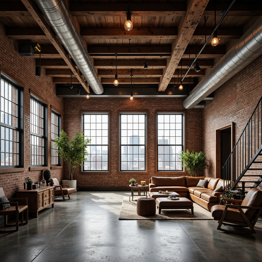 Prompt: Rustic industrial loft, exposed steel beams, reclaimed wood accents, polished concrete floors, metal staircase, Edison bulb lighting, urban cityscape views, brick exterior walls, large factory-style windows, minimalist decor, functional piping, distressed leather furniture, vintage decorative items, natural textiles, earthy color palette, soft warm lighting, shallow depth of field, 1/1 composition, realistic textures, ambient occlusion.