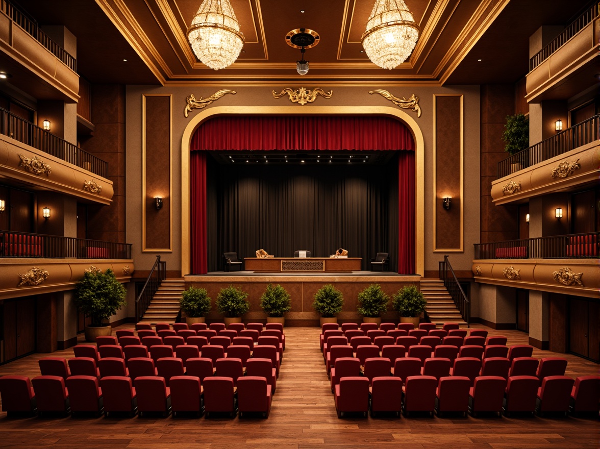 Prompt: Elegant auditorium, luxurious velvet seats, polished wooden floors, ornate golden chandeliers, grandiose stage lighting, plush crimson curtains, sophisticated sound systems, modern minimalist design, sleek metal railings, refined leather upholstery, rich walnut wood accents, dramatic high ceilings, ambient warm lighting, 1/1 composition, realistic textures, soft focus blur.