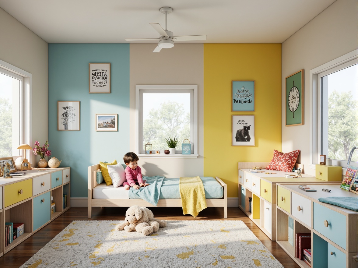 Prompt: Vibrant kids' bedroom, pastel colors, soft furniture, playful toys, educational decorations, inspirational quotes, gentle lighting, cozy reading nooks, built-in shelves, fun patterned rugs, whimsical wall art, soothing blue tones, creamy white accents, warm beige backgrounds, stimulating yellow hues, calming green shades, 1/2 composition, soft focus, realistic textures, ambient occlusion.