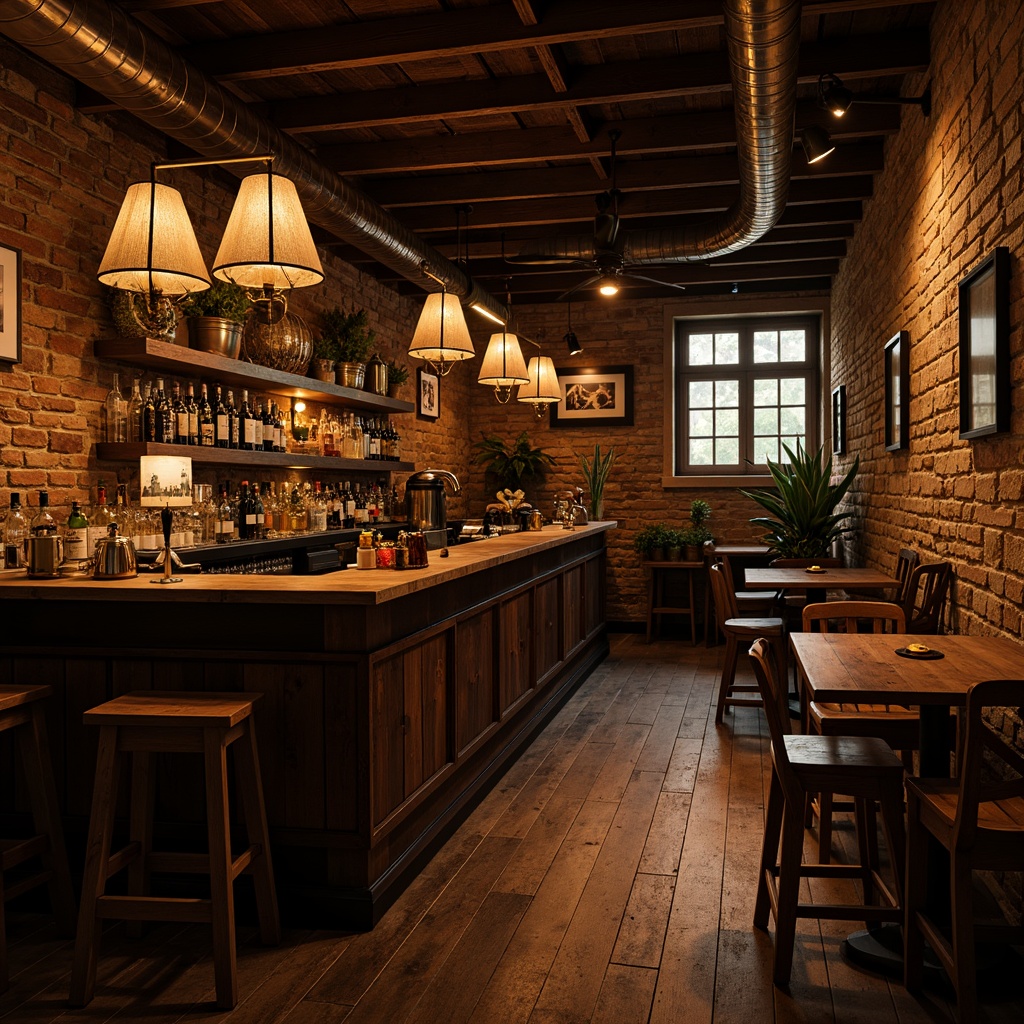 Prompt: Rustic nightclub interior, distressed wooden walls, exposed brick textures, vintage industrial lighting, metal accents, reclaimed wood flooring, earthy color palette, warm dim lighting, cozy intimate atmosphere, stone feature walls, natural material elements, rough-hewn wood beams, industrial-chic decor, moody ambient lighting, cinematic shadows, 1/2 composition, dramatic high contrast, rich detailed textures.