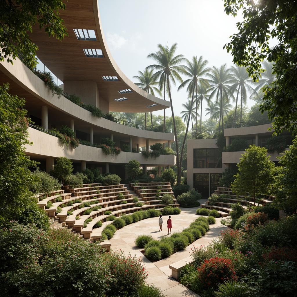 Prompt: Tropical amphitheater, lush greenery, vibrant flowers, natural stone seating, wooden accents, open-air design, curved lines, minimalist architecture, high ceilings, clerestory windows, skylights, solar tubes, reflective surfaces, light-colored materials, cantilevered roofs, rainforest surroundings, exotic plants, misty atmosphere, warm sunny day, soft diffused lighting, shallow depth of field, 3/4 composition, panoramic view, realistic textures, ambient occlusion.