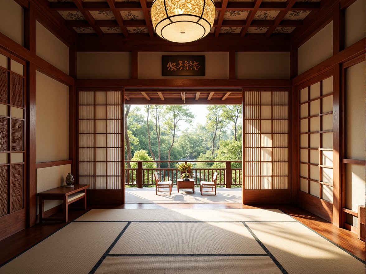 Prompt: Intricate shoji screens, natural wood accents, woven bamboo panels, sliding rice paper doors, ornate Chinese lattice designs, bold red lacquer walls, subtle tatami mat patterns, serene Japanese garden views, soft warm lighting, shallow depth of field, 3/4 composition, panoramic view, realistic textures, ambient occlusion.