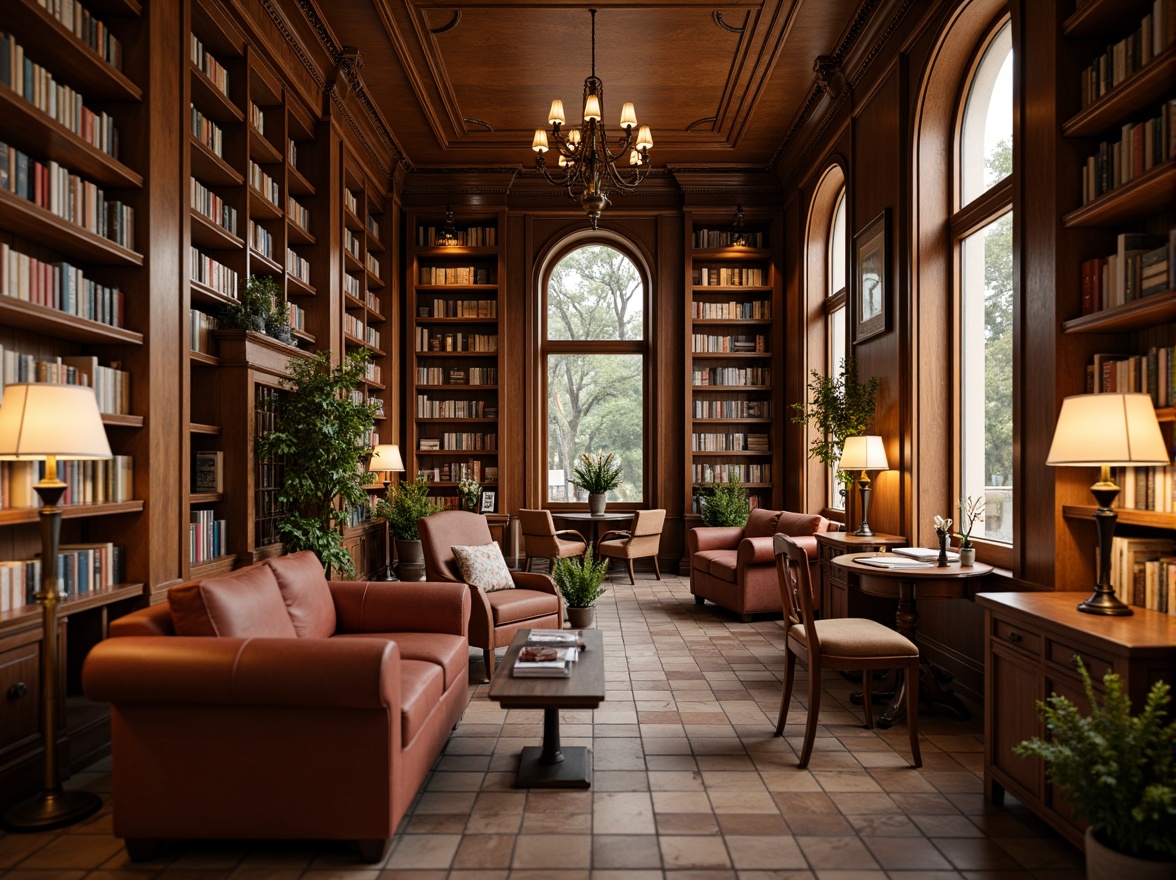 Prompt: Cozy library interior, warm wood accents, rich leather-bound books, soft golden lighting, plush velvet armchairs, ornate wooden tables, elegant chandeliers, subtle earthy tones, muted pastel hues, calming neutral colors, comfortable reading nooks, floor-to-ceiling bookshelves, classic architectural details, inviting atmosphere, shallow depth of field, 1/1 composition, realistic textures, ambient occlusion.