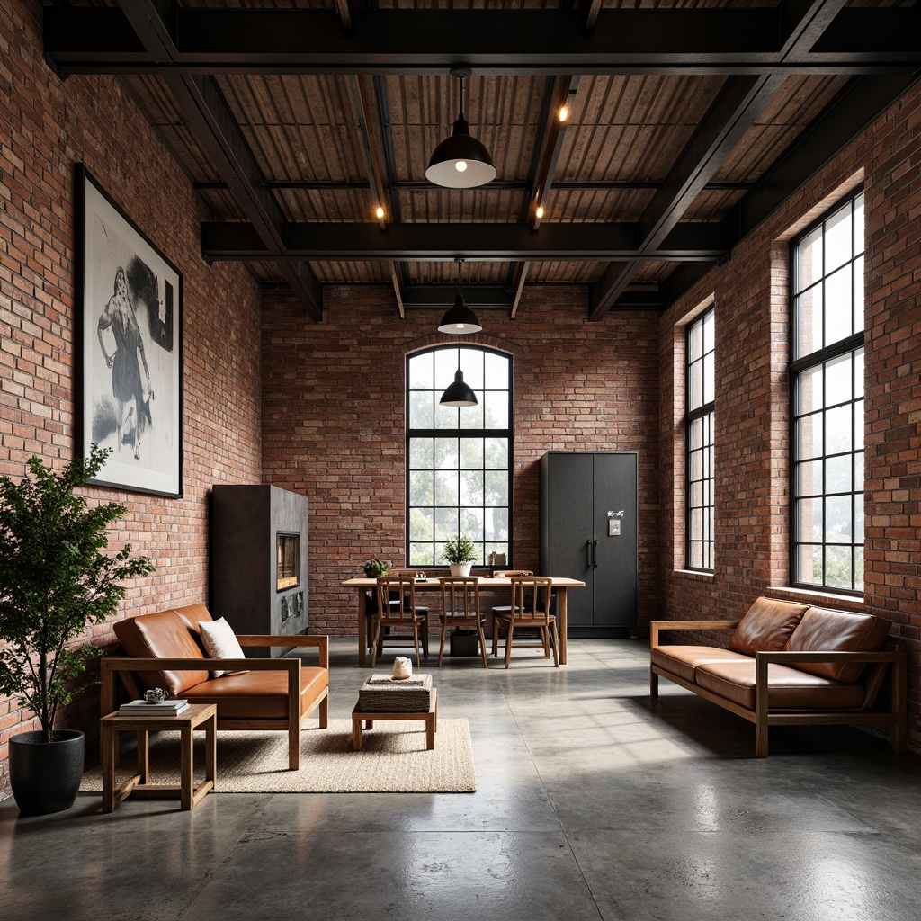 Prompt: Exposed brick walls, industrial chic aesthetic, open-plan living space, polished concrete floors, metal beams with rustic wooden accents, minimalist decor, reclaimed wood furniture, Edison bulb lighting, urban loft atmosphere, natural stone feature walls, black steel windows, corrugated metal roofing, distressed leather sofas, vintage industrial machinery, exposed ductwork, high ceilings, modern rustic fusion, warm ambient lighting, shallow depth of field, 3/4 composition, realistic textures.