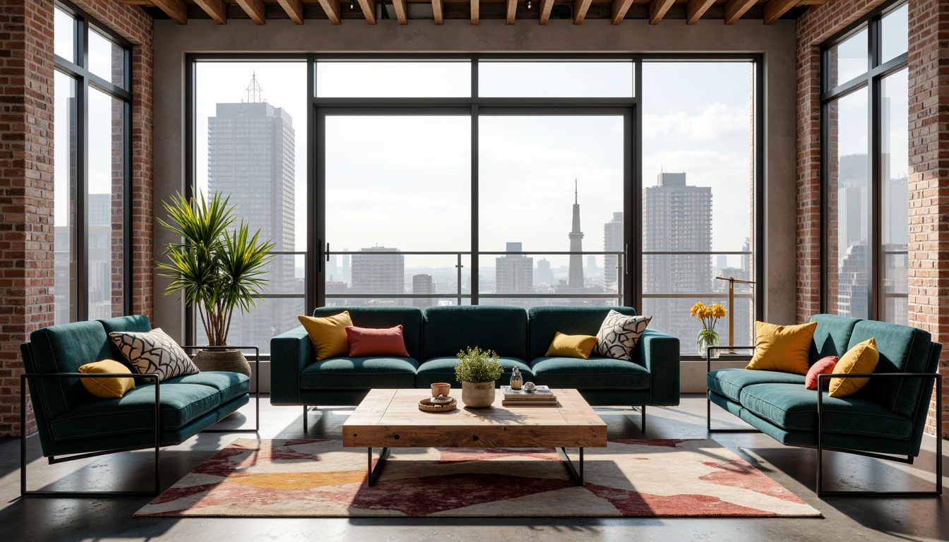 Prompt: Modern living room, sleek low-profile sofa, tufted velvet upholstery, reclaimed wood coffee table, industrial metal legs, minimalist decor, floor-to-ceiling windows, natural light pouring in, cityscape views, urban loft atmosphere, exposed brick walls, polished concrete floors, geometric patterned rug, bold colorful accents, 1/1 composition, high contrast lighting, dramatic shadows, realistic textures.