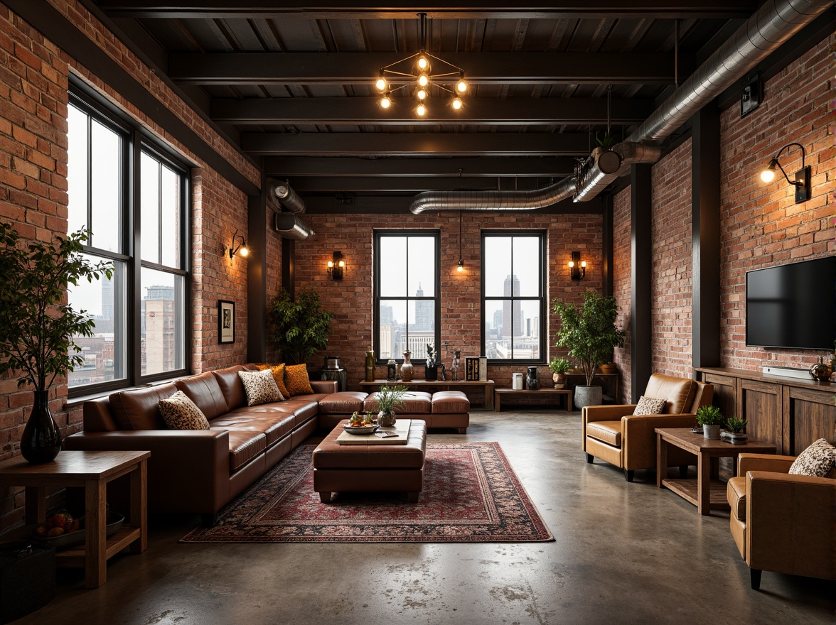 Prompt: Exposed brick walls, metal beams, reclaimed wood accents, distressed leather furniture, vintage industrial lighting, Edison bulbs, concrete floors, metallic color scheme, urban loft atmosphere, converted warehouse space, eclectic decorative items, antique machinery parts, worn wooden crates, rich textiles, warm earthy tones, dramatic shadows, high ceilings, open ductwork, functional decor, rustic charm, modern industrial fusion.