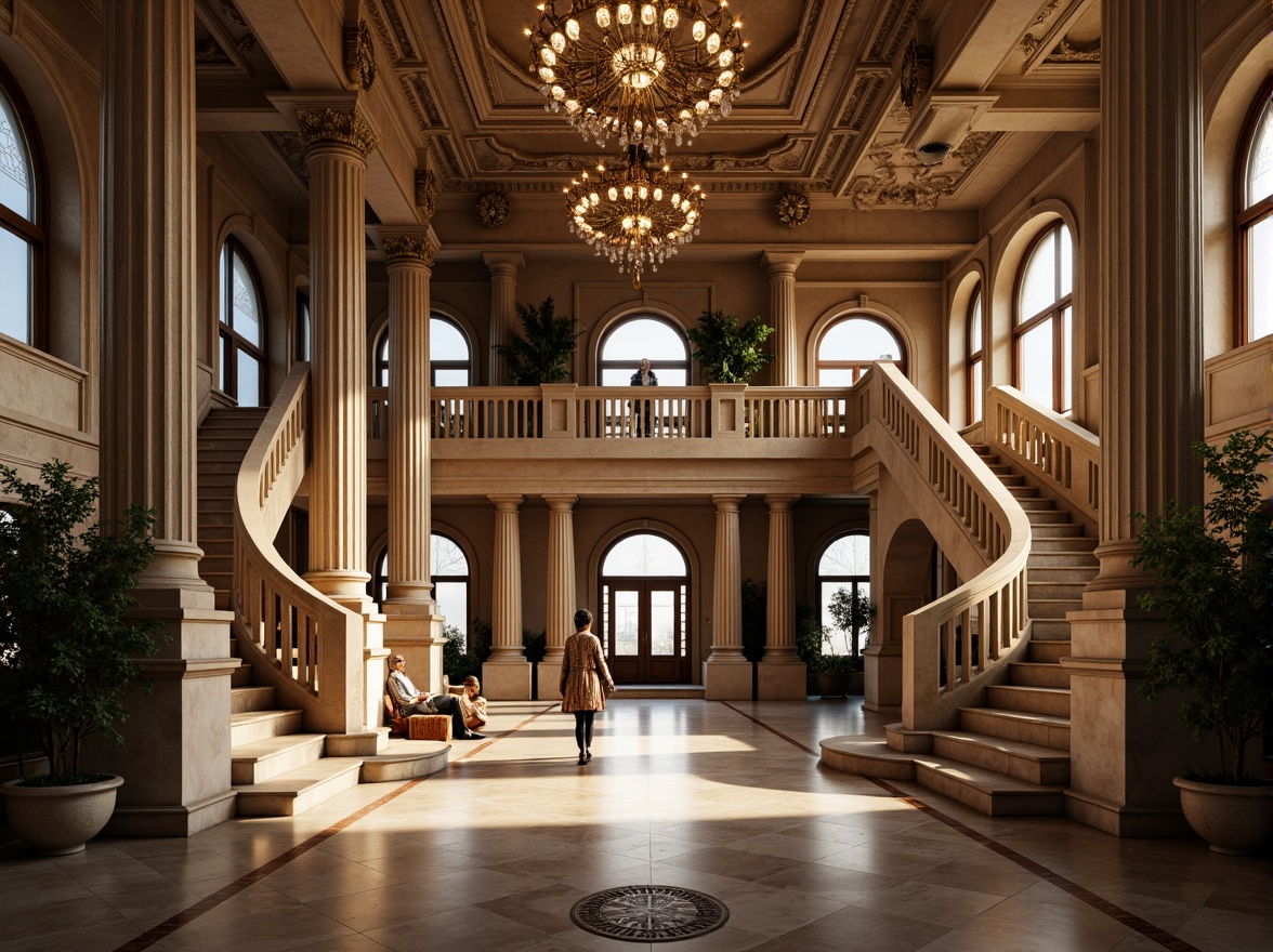 Prompt: Grandiose building facade, ornate columns, intricately carved stonework, majestic archways, lavish chandeliers, opulent marble floors, grand staircases, sweeping curves, dramatic lighting, high-contrast shadows, 1/1 composition, symmetrical framing, detailed textures, ambient occlusion, realistic reflections.