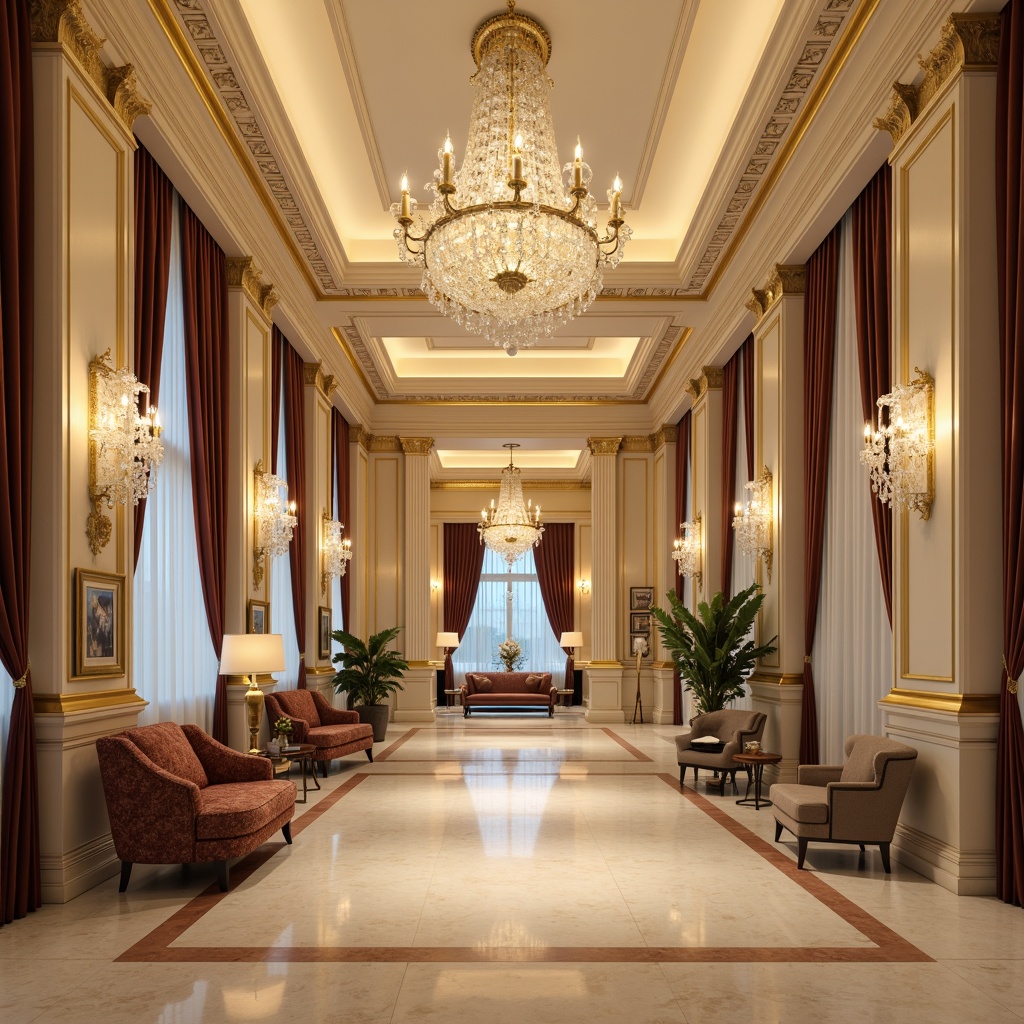 Prompt: Elegant hotel lobby, high ceiling, ornate chandeliers, cream-colored marble floors, intricate moldings, luxurious furnishings, velvet drapes, gilded frames, crystal sconces, soft warm lighting, shallow depth of field, 1/1 composition, symmetrical balance, neoclassical columns, ornamental ceilings, coffered ceiling details, subtle texture variations, refined material palette, sophisticated ambiance, inviting atmosphere, warm beige tones, rich wood accents.