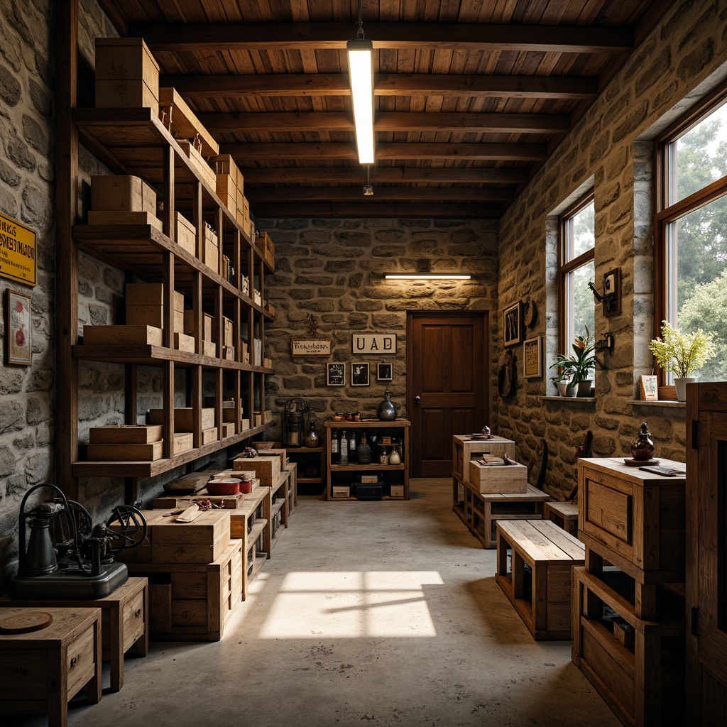 Prompt: Rustic storage room, wooden crates, metal shelves, concrete floors, industrial lighting, rough stone walls, distressed wood textures, vintage metal signs, old machinery parts, worn leather straps, earthy color palette, warm soft lighting, shallow depth of field, 1/1 composition, realistic ambient occlusion.