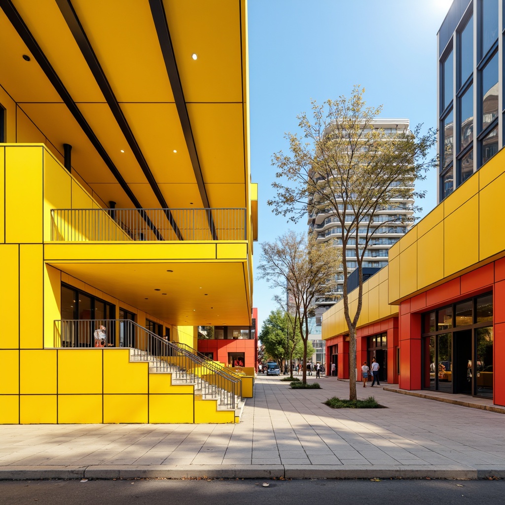 Prompt: Vibrant yellow accents, bold black lines, primary red highlights, geometric shapes, industrial materials, functional simplicity, rectangular forms, clean minimalism, modern urban backdrop, sunny day, high contrast lighting, shallow depth of field, 1/1 composition, panoramic view, realistic textures, ambient occlusion.