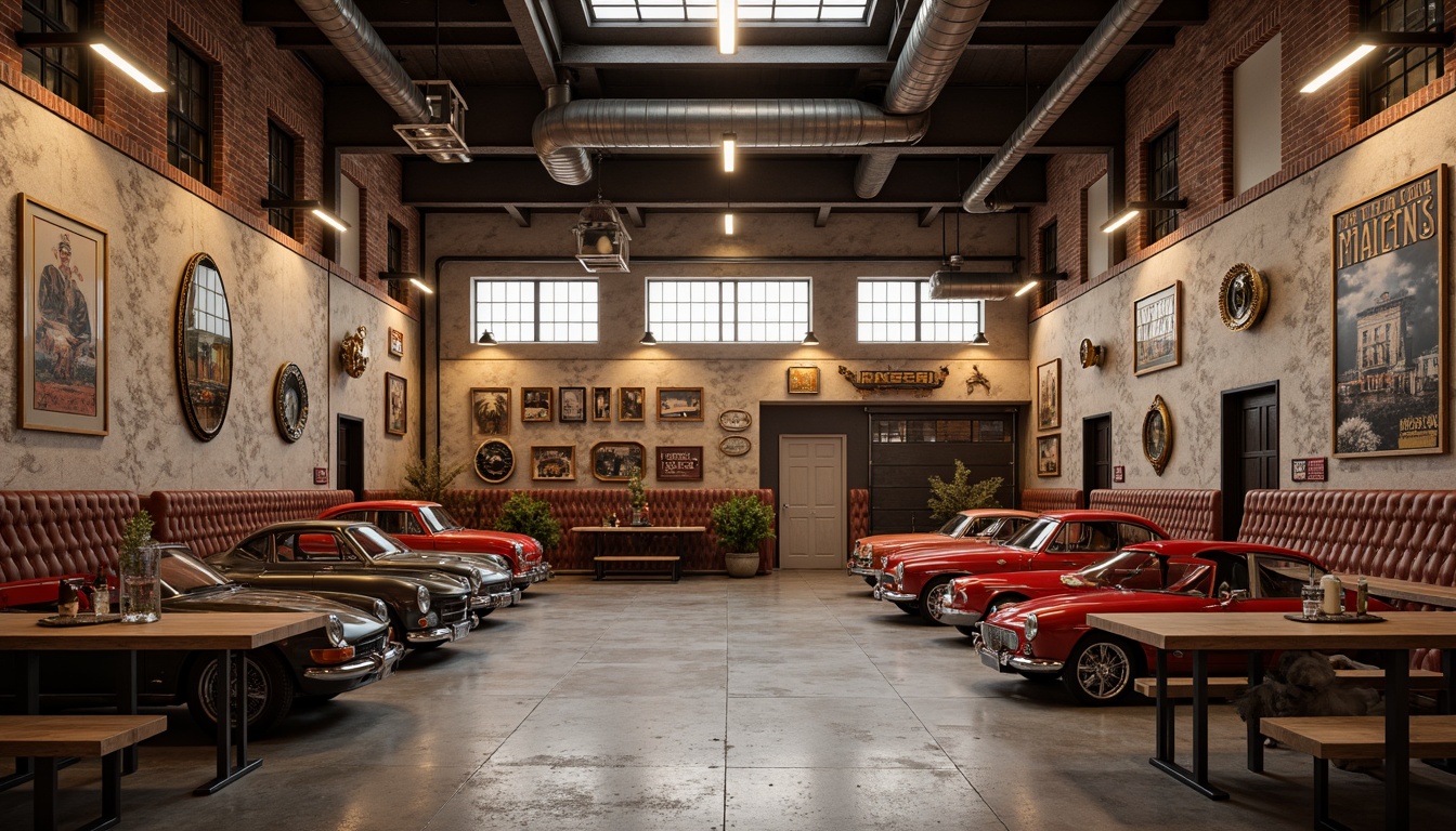 Prompt: Industrial garage interior, exposed brick walls, metallic beams, rustic wooden accents, warm earthy tones, rich leather textures, vintage automotive decorations, distressed finishes, bold red accents, neutral beige backgrounds, soft warm lighting, shallow depth of field, 1/1 composition, realistic metallic reflections.