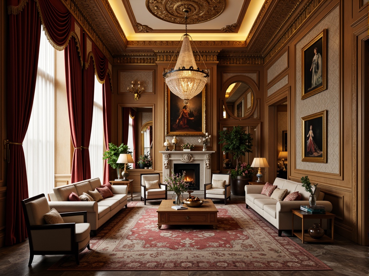 Prompt: Luxurious living room, ornate furnishings, velvet drapes, intricately carved wooden accents, gilded frames, crystal chandeliers, plush area rugs, richly patterned wallpaper, lavish textiles, tufted sofas, polished marble floors, grandiose staircase, dramatic ceiling heights, warm golden lighting, soft focus photography, shallow depth of field, 1/2 composition, warm color palette, realistic reflections.