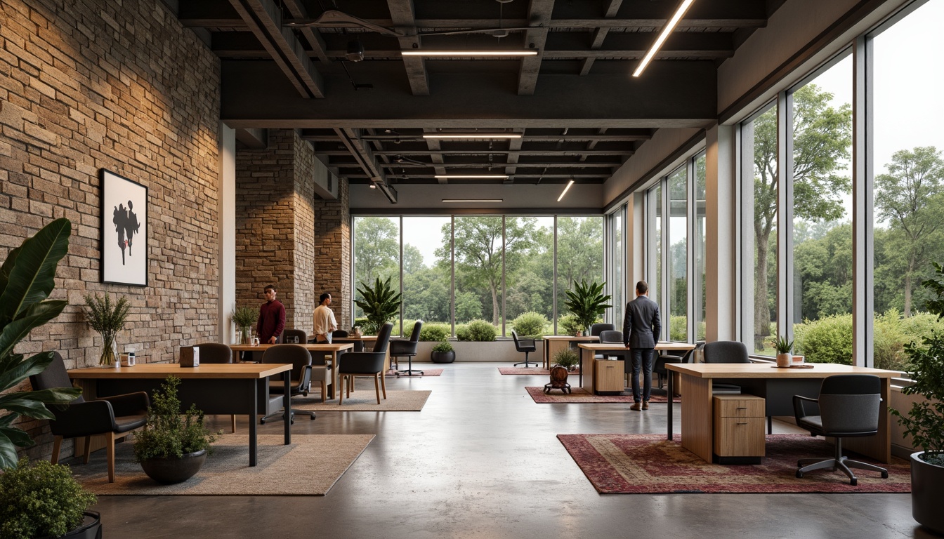 Prompt: Modern office interior, mixed texture surfaces, rough stone walls, smooth wooden desks, velvet upholstered chairs, matte metal frames, glass partitions, natural fiber rugs, industrial concrete floors, minimalist decor, abundant greenery, warm LED lighting, shallow depth of field, 1/2 composition, realistic reflections, ambient occlusion.