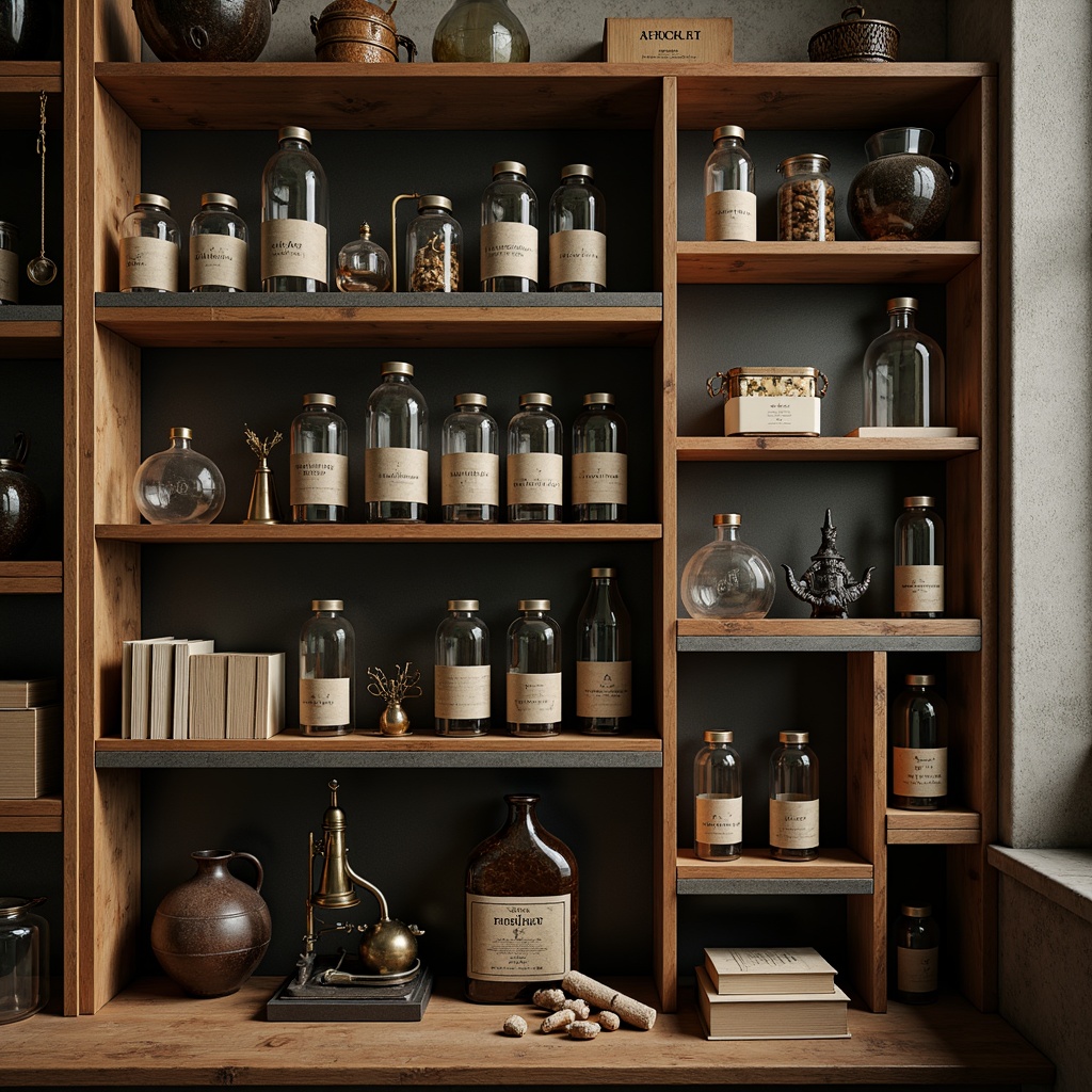 Prompt: Academic pantry, wooden shelves, minimalist design, industrial metal frames, rustic wood tones, vintage scientific instruments, antique apothecary jars, distressed finishes, earthy color palette, warm soft lighting, shallow depth of field, 1/2 composition, realistic textures, ambient occlusion, decorative trim details, ornate carvings, classic typography labels.