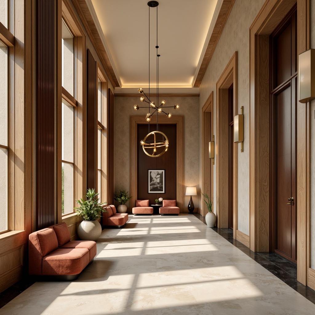 Prompt: Elegant hallway, rich wood accents, warm beige walls, soft cream floors, subtle gold trims, luxurious velvet sofas, modern minimalist chandeliers, statement artwork, floor-to-ceiling windows, natural daylight, subtle shadows, soft focus, atmospheric lighting, 1/1 composition, intimate ambiance, inviting atmosphere.