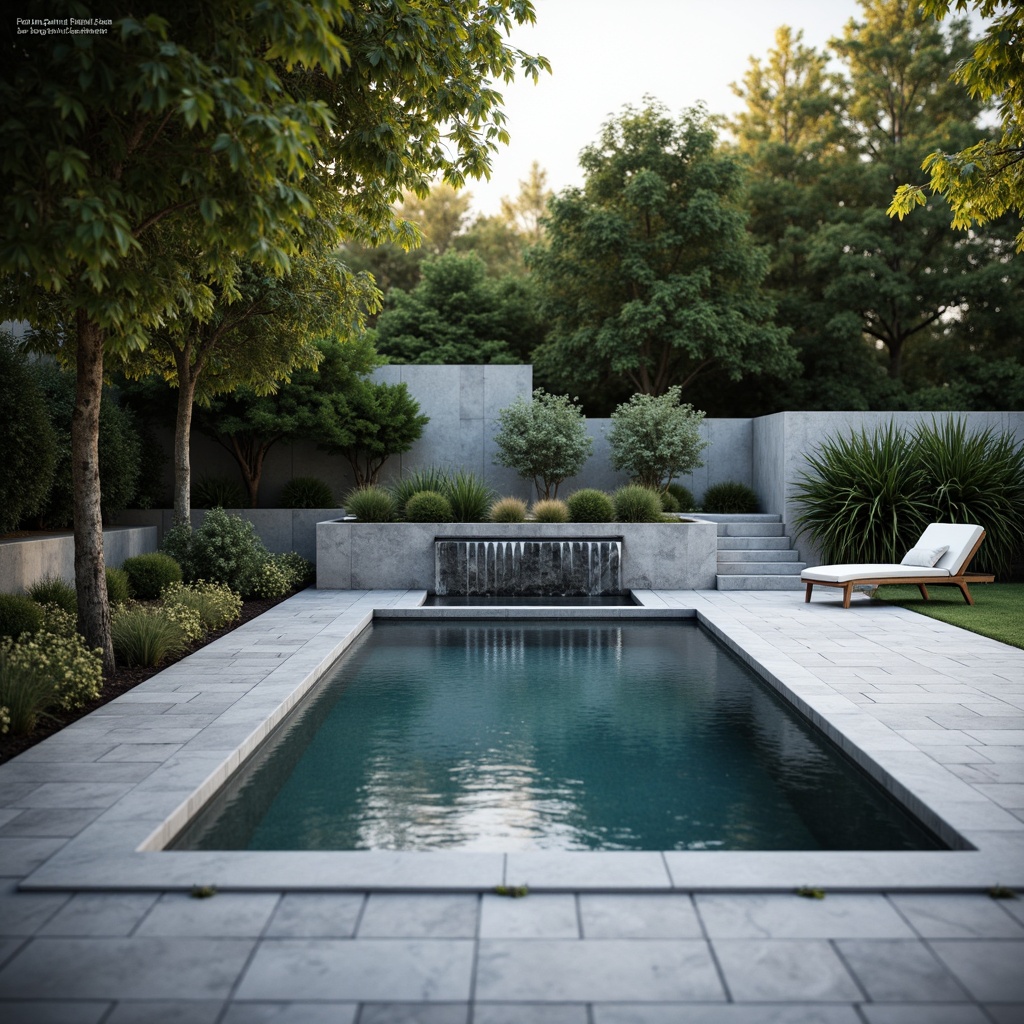 Prompt: Simple rectangular pool, calm water surface, subtle ripples, gentle waterfall, natural stone coping, sleek concrete deck, minimalist landscaping, sparse greenery, few ornamental plants, soft warm lighting, shallow depth of field, 1/1 composition, realistic textures, ambient occlusion, serene atmosphere, peaceful ambiance.