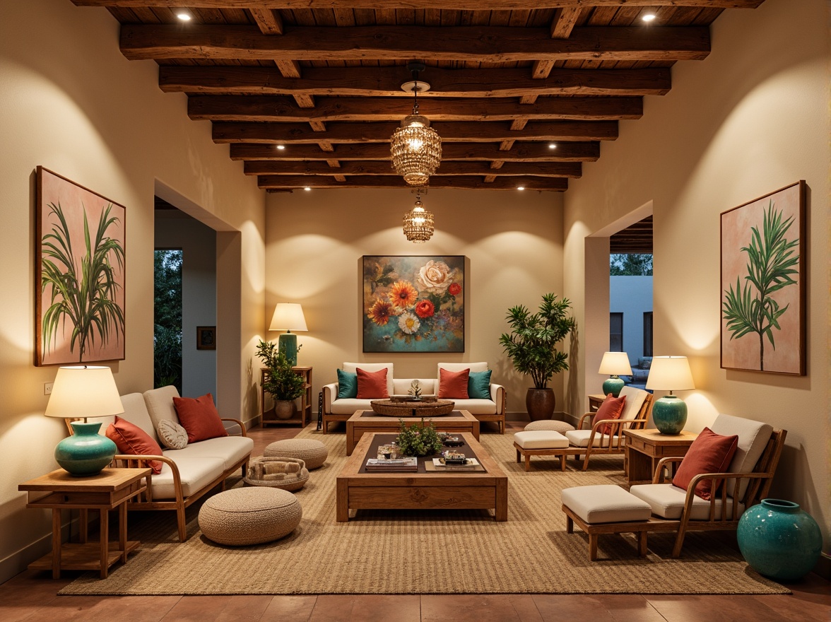 Prompt: Southwestern-inspired interior, warm beige walls, rustic wooden accents, vibrant turquoise decorative elements, woven textiles, natural fiber rugs, earthy terracotta vases, soft warm glow, table lamps with ceramic shades, floor lamps with wicker details, pendant lights with rattan spheres, warm white LED lighting, ambient indirect illumination, cozy reading nooks, intimate dining areas, dramatic ceiling fixtures, rustic metal lanterns, candle-like chandeliers, desert botanical prints, sun-kissed natural materials, organic shapes, handcrafted decorative pieces, warm color palette, inviting atmosphere, soft shadows, 1/1 composition, realistic rendering.