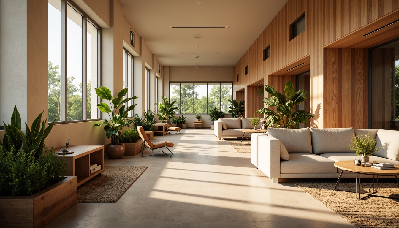 Prompt: Calming office interior, warm beige walls, rich wood accents, comfortable ergonomic chairs, sleek metal desks, vibrant green plants, natural fiber rugs, softbox lighting, indirect sunlight, 3/4 composition, shallow depth of field, realistic textures, ambient occlusion.