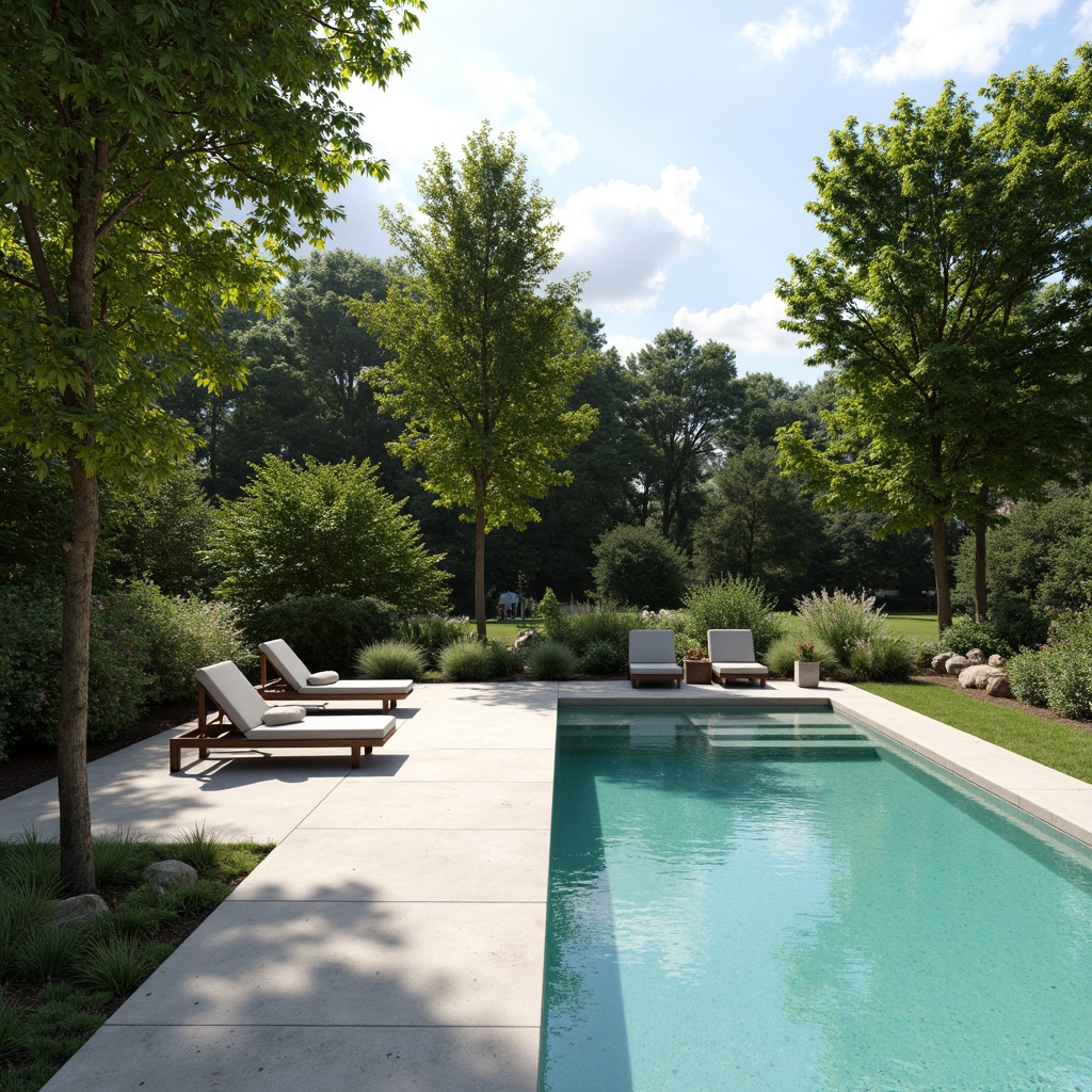 Prompt: Simple rectangular pool, calm turquoise water, sleek concrete deck, minimalist lounge chairs, natural stone coping, subtle waterfall feature, lush greenery surroundings, warm sunny day, soft diffused lighting, shallow depth of field, 1/1 composition, panoramic view, realistic textures, ambient occlusion.