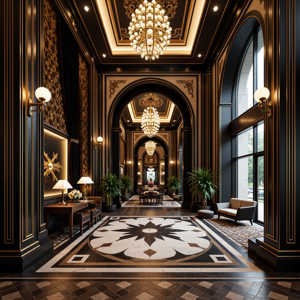 Prompt: Luxurious Art Deco interior, ornate geometric patterns, metallic accents, rich dark woods, inlaid marble floors, polished chrome fixtures, glamorous chandeliers, lavish velvet drapes, bold black and white color scheme, herringbone wood flooring, hexagonal tile arrangements, sunburst motifs, opulent rugs, lavish textiles, statement walls, dramatic archways, ornate mirrors, sophisticated ambiance, warm golden lighting, shallow depth of field, 1/2 composition, cinematic view.