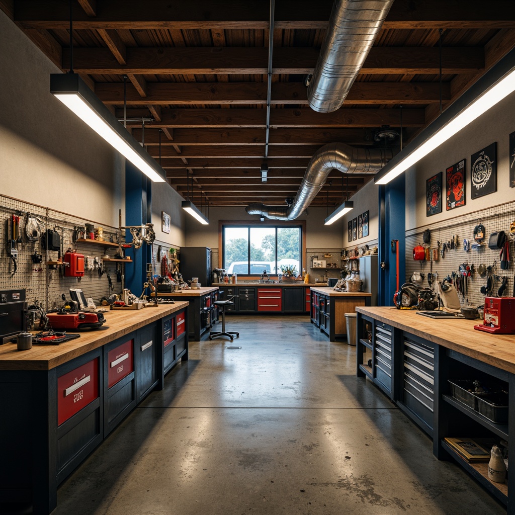 Prompt: Industrial garage interior, metal tools, rustic wooden workbenches, concrete flooring, exposed ductwork, modern LED lighting, sleek steel cabinets, bold red accents, deep blue undertones, warm beige walls, distressed finishes, urban loft atmosphere, dramatic shadows, high-contrast lighting, 1/2 composition, cinematic framing, realistic textures, ambient occlusion.