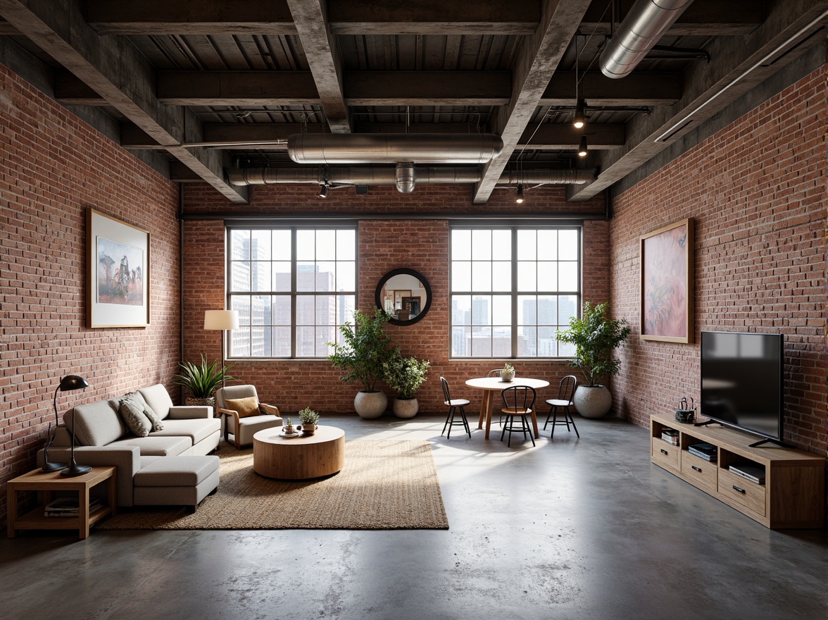 Prompt: Exposed brick walls, metal beams, industrial chic decor, reclaimed wood accents, concrete floors, minimalist modern furniture, functional lighting fixtures, urban loft atmosphere, spacious high ceilings, large windows, natural light pouring in, cityscape views, bustling streets below, converted warehouse living, eclectic art pieces, vintage machinery displays, raw unfinished textures, distressed finishes, edgy architectural elements, open-plan layout, flexible living spaces, adaptive reuse design.