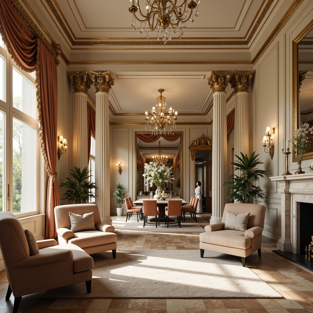 Prompt: Elegant interior, rich wood tones, ornate furnishings, soft cream walls, warm beige marble, classic columns, intricate moldings, subtle gold accents, luxurious velvet fabrics, refined silk textiles, crystal chandeliers, delicate lace patterns, subtle pastel hues, muted earthy tones, natural stone fireplaces, ornate mirrors, carved wooden furniture, sophisticated ambient lighting, shallow depth of field, 1/1 composition, realistic textures, soft warm glow.