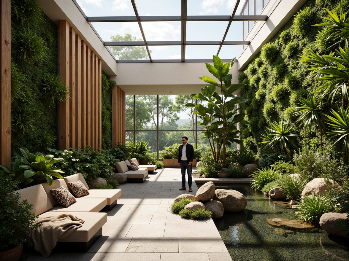 Prompt: Lush green walls, botanical gardens, natural stone floors, wooden accents, minimalist decor, large skylights, abundant sunlight, tropical plants, vibrant flowers, living walls, indoor water features, serene atmosphere, soft warm lighting, shallow depth of field, 3/4 composition, panoramic view, realistic textures, ambient occlusion.