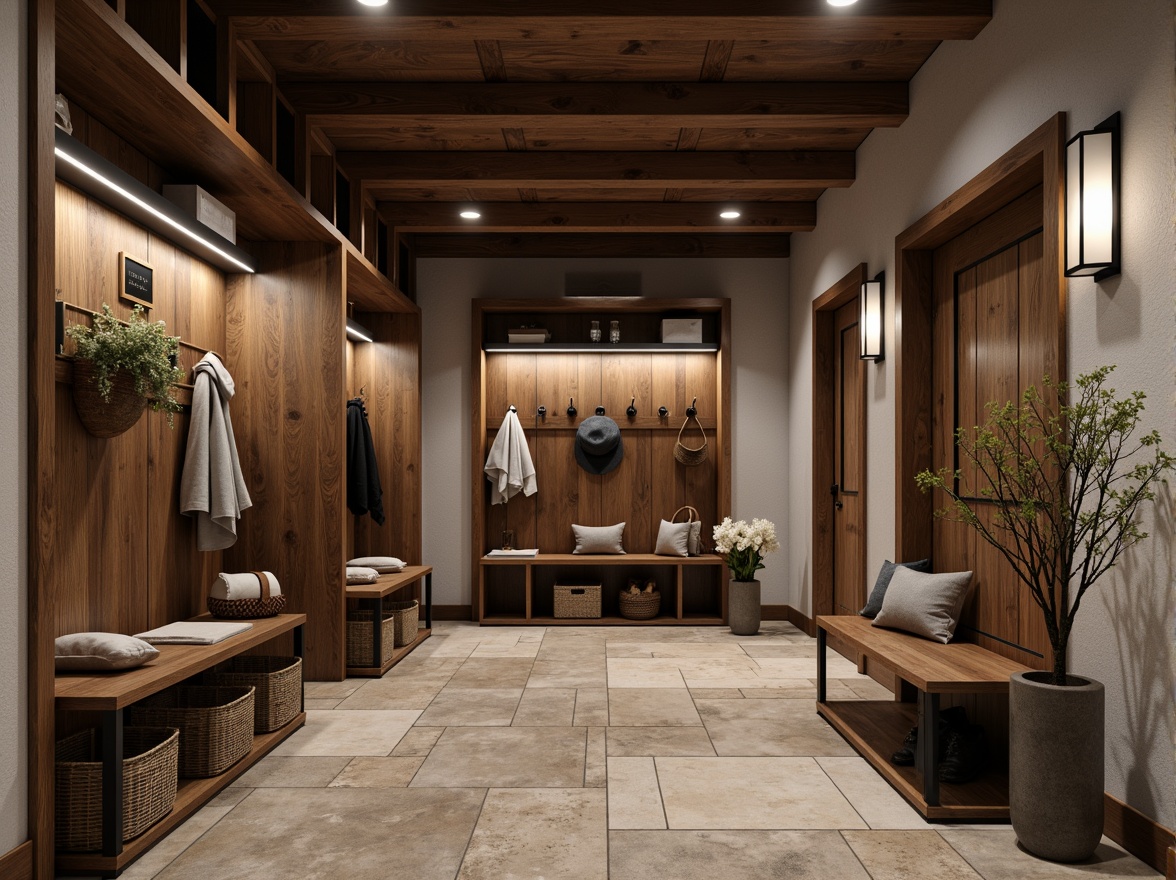 Prompt: Rustic mudroom, natural stone flooring, wooden bench, metal hooks, woven baskets, earthy color palette, warm ambient lighting, pendant lanterns, matte black finishes, industrial-chic decor, functional task lighting, overhead track lights, LED strip lights, soft diffused glow, cozy atmosphere, practical design, water-resistant materials.