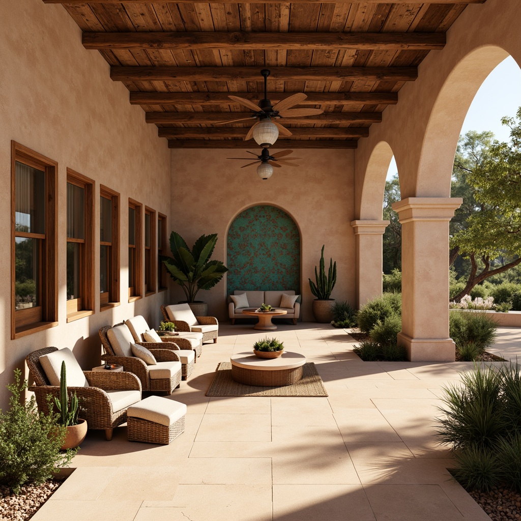 Prompt: Adobe earth-toned stucco walls, rustic wooden accents, natural stone foundations, woven wicker furniture, vibrant turquoise decorative tiles, warm beige sandy floors, distressed wood ceiling beams, arched windows, ornate ironwork details, lush green cacti, desert flora, warm sunny day, soft ambient lighting, 3/4 composition, realistic textures, ambient occlusion.