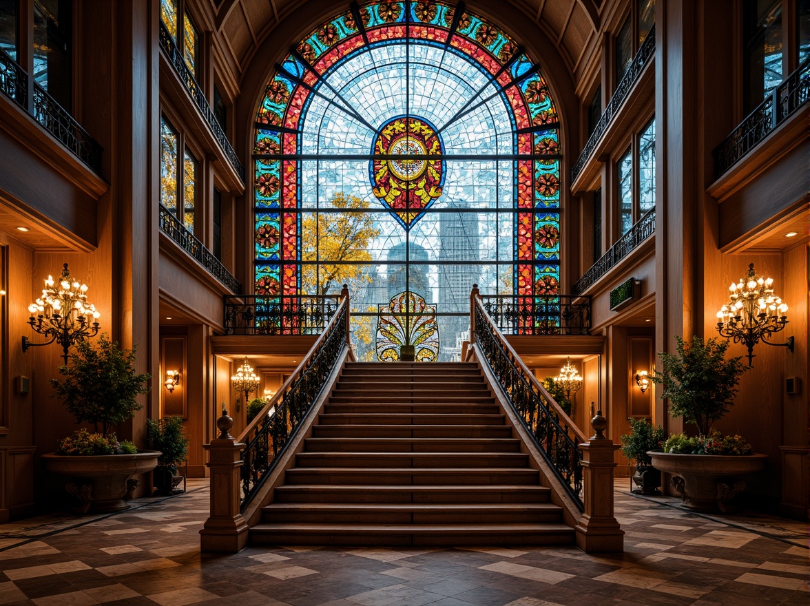 Prompt: Intricate stained glass panels, ornate metal frames, majestic staircase design, grandiose architecture, luxurious interior decor, lavish furnishings, rich wood tones, opulent chandeliers, dramatic lighting effects, vibrant color palette, Art Nouveau influences, floral patterns, geometric shapes, beveled edges, textured glass surfaces, refracted light beams, warm ambiance, inviting atmosphere, 3/4 composition, shallow depth of field, panoramic view, realistic textures.