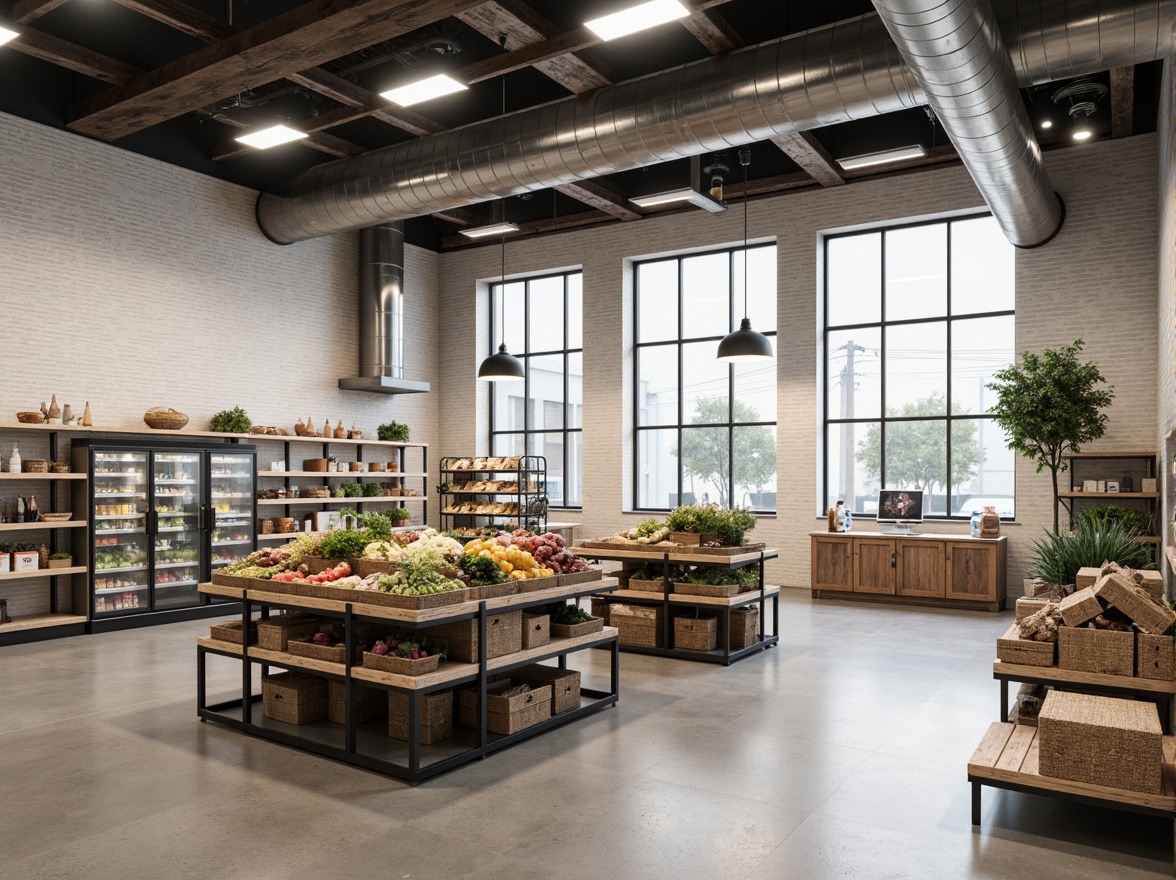 Prompt: Minimalist grocery store interior, clean white shelves, industrial metal racks, reclaimed wood accents, exposed ductwork, polished concrete floors, simple signage, monochromatic color scheme, subtle branding elements, abundant natural light, floor-to-ceiling windows, urban modern architecture, neutral tone materials, stainless steel refrigerators, wooden crates, earthy tones, organic produce displays, industrial-style lighting fixtures, 1/1 composition, softbox lighting, shallow depth of field, realistic textures.