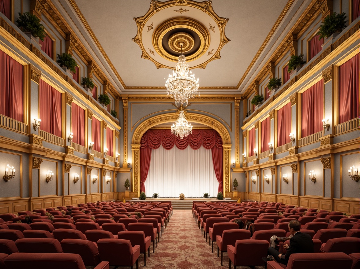 Prompt: Opulent auditorium, golden accents, ornate moldings, velvet drapes, crystal chandeliers, lavish furnishings, intricate carvings, soft pastel hues, pale pink, baby blue, ivory whites, rich mahogany wood, gilded details, ornamental mirrors, grandiose scale, dramatic lighting, warm candlelight, shallow depth of field, 2/3 composition, symmetrical framing, realistic textures, ambient occlusion.