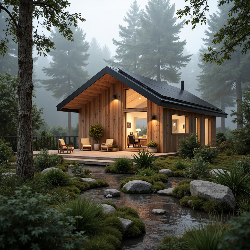 Prompt: Cozy Nordic cabin, natural wood textures, reclaimed wooden planks, minimal ornamentation, functional simplicity, eco-friendly materials, recycled metal accents, energy-efficient windows, solar panels, green roofs, living walls, botanical elements, lush greenery, moss-covered stones, serene forest surroundings, misty morning atmosphere, soft warm lighting, shallow depth of field, 1/2 composition, realistic textures, ambient occlusion.