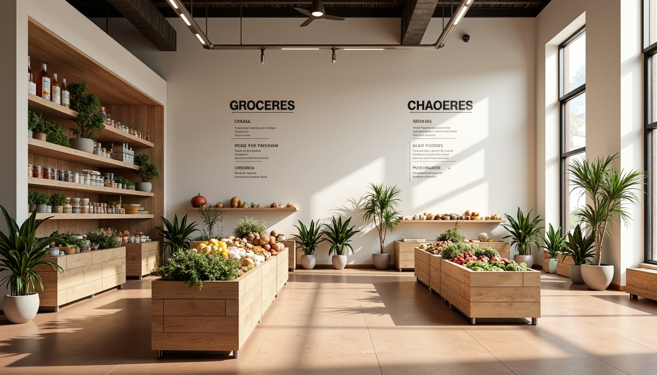 Prompt: Monochromatic grocery store interior, soft creamy whites, warm beige tones, natural wood accents, industrial metal shelving, minimalist signage, abundant natural light, subtle texture variations, clean lines, simple typography, earthy terracotta floors, fresh greenery, neutral color scheme, calm atmosphere, 1/1 composition, softbox lighting, realistic product displays.