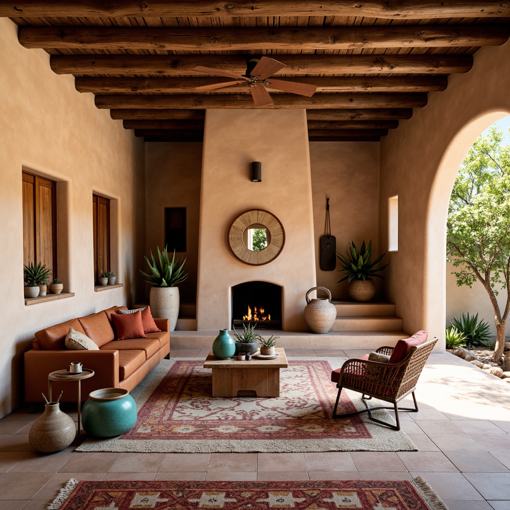 Prompt: Southwestern adobe hut, earthy color palette, woven textiles, rustic wooden accents, geometric patterned rugs, natural stone flooring, desert botanicals, cacti, warm sandy tones, vintage turquoise accessories, distressed leather armchairs, wooden beam ceilings, earthy clay pottery, bold red and orange hues, intricate Native American patterns, woven wicker furniture, nature-inspired decorative accents.