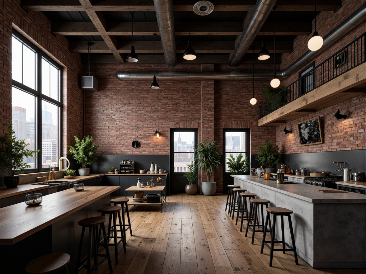 Prompt: Exposed brick walls, metal beams, reclaimed wood floors, industrial-style lighting fixtures, concrete countertops, urban loft atmosphere, distressed finishes, vintage machinery, Edison bulbs, open-plan layout, functional pipes, metallic accents, minimalist decor, neutral color palette, natural textures, moody ambiance, high ceilings, cityscape views, gritty realism, dramatic shadows, 3/4 composition, low-key lighting.