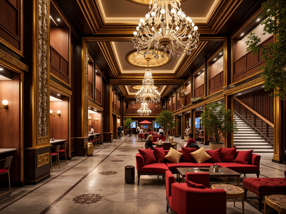 Prompt: Luxurious casino interior, ornate furnishings, gilded frames, velvet upholstery, crystal chandeliers, intricate carvings, marble floors, Baroque-inspired architecture, grandiose staircases, lavish decorations, rich fabrics, golden accents, opulent ambiance, soft warm lighting, shallow depth of field, 1/1 composition, realistic textures, ambient occlusion.